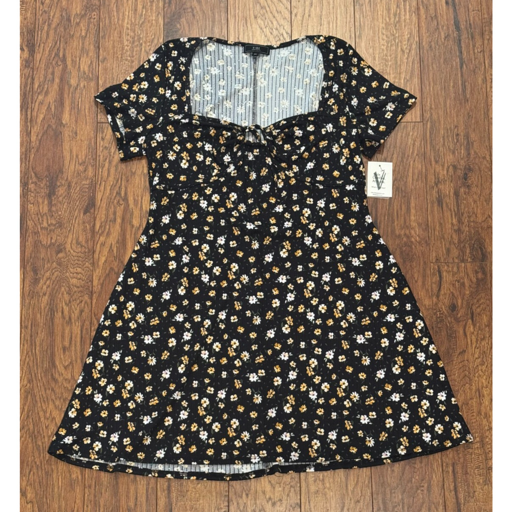 VIBE Sportswear Fit & Flare Dress Black Floral Above the Knee - Women's Size 2X